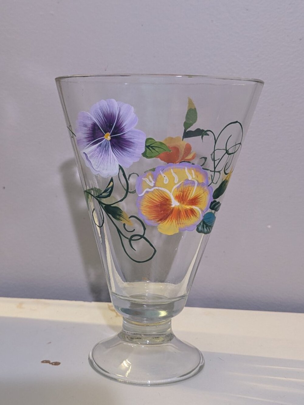 Vintage Teleflora Hand-Painted Clear Glass Pansy Vase